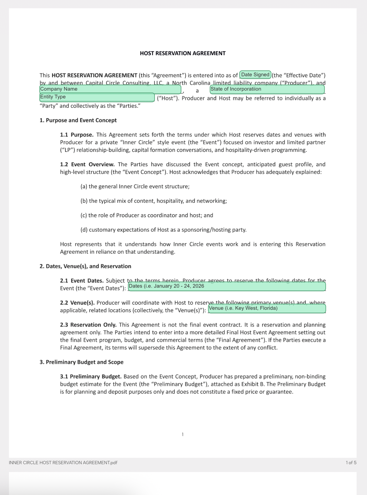 Docusign Inner Circle Host Reservation Agreement